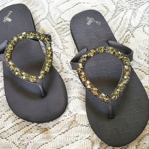 Sonuk Sandals Beaded Cheetah Bead Ring Flip Flips